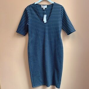 Philosophy Striped Dress, sz M, navy blue/tan stripes